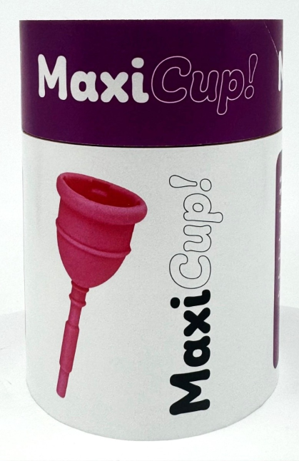 MaxiCup menstrual cup packaging with purple lid and white label, featuring a pink reusable period cup illustration and “MaxiCup!” branding on a cylindrical container.