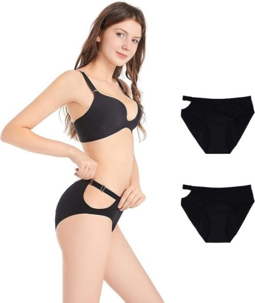 Woman modeling black bra and adjustable side-strap panties, with two additional product views of the black underwear showing front and back fit.
