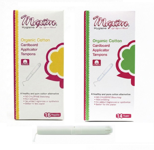 Two Maxim Organic Cotton Cardboard Applicator Tampons boxes shown side by side—Regular 16 count (yellow accent) and Super 14 count (green accent)—with a cardboard applicator tampon displayed below on a white background.